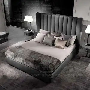 深灰色真皮双人床 意式轻奢 冷色调卧室家具 样板房大宅展示大床