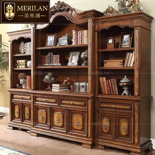 书柜美式乡村实木雕花组合高档别墅书房欧式组合书柜
