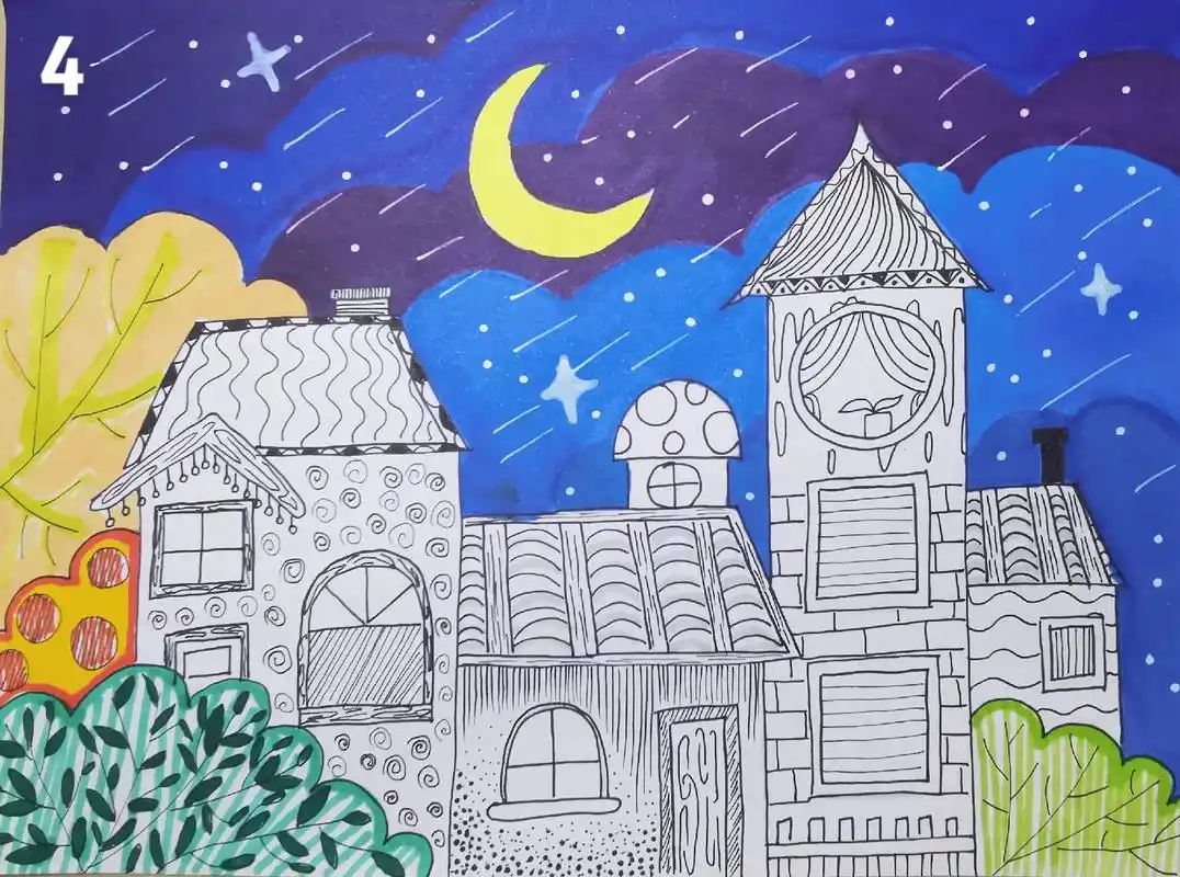 儿童线描画星空下的房子线稿