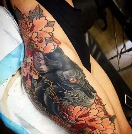 新传统大腿牡丹豹子纹身图案