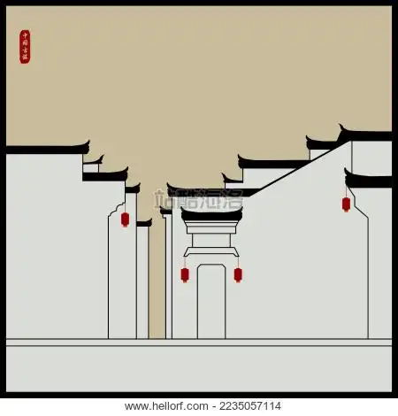 中国徽州古镇 宏村古宅民居建筑 手绘画 水乡 线稿矢量