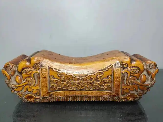 旧藏老黄杨木木枕艾灸枕药熏枕摆件  纯手工雕刻双面吉象如意熏颈椎木