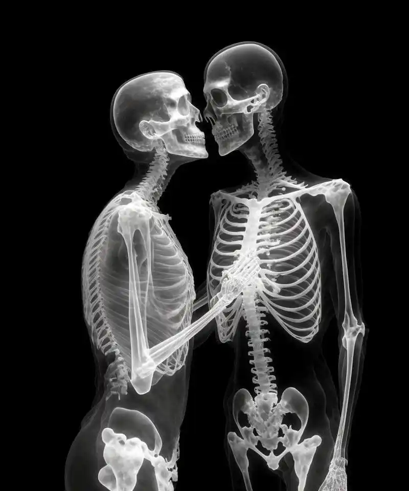 一张接吻情侣的x光照片呈现出明显的骨骼结构.