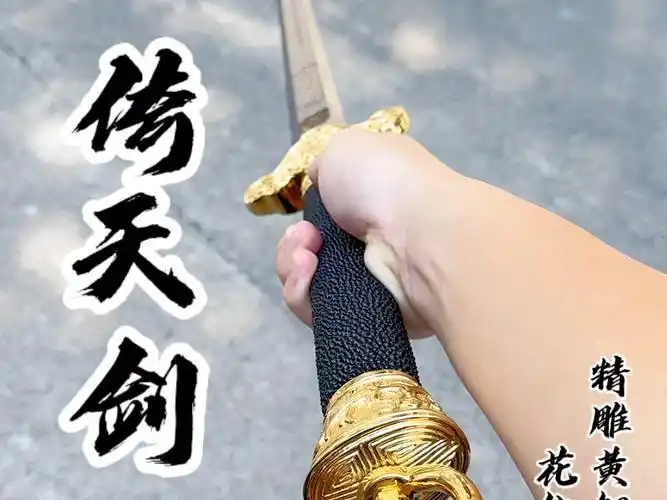 倚天剑,黑檀木黄铜鎏金 百炼钢覆土烧刃羽毛纹 未开刃