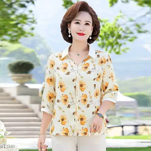 妈妈夏装洋气中袖t恤2024新款母亲节雪纺上衣中老年女装翻领小衫