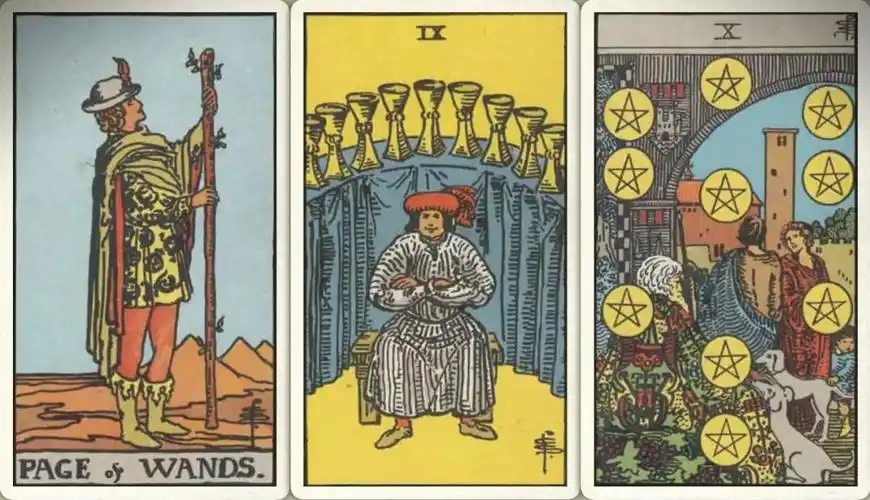 卜牌:权杖侍从  圣杯九  星币十