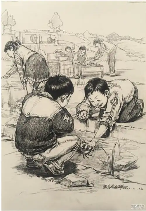 70/80童年场景素描速写作品图片 满满回忆 打弹珠玩单杠的学生时代