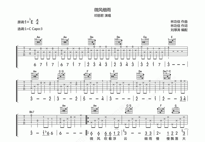 微风细雨吉他谱_邓丽君降e弹唱_传吉吉他up - 吉他世界