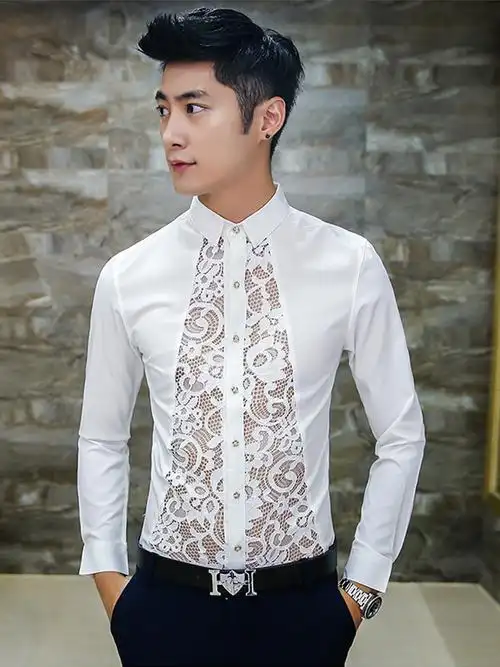 修身蕾丝衬衫男长袖16秋款演出服性感发型师镂空衬衣男装