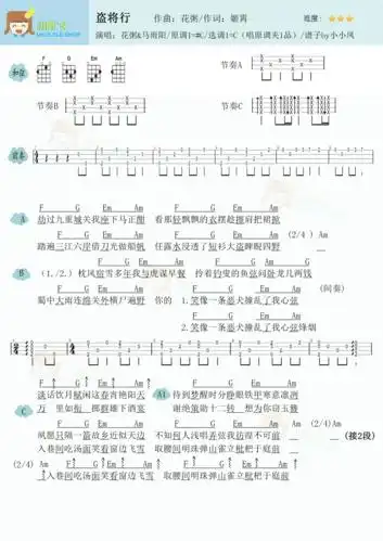 花粥/马雨阳《盗将行》尤克里里谱