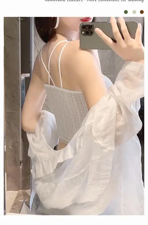 美背文胸一体背心抹胸防走光蕾丝吊带少女内衣网红裹胸内外穿 白色(1