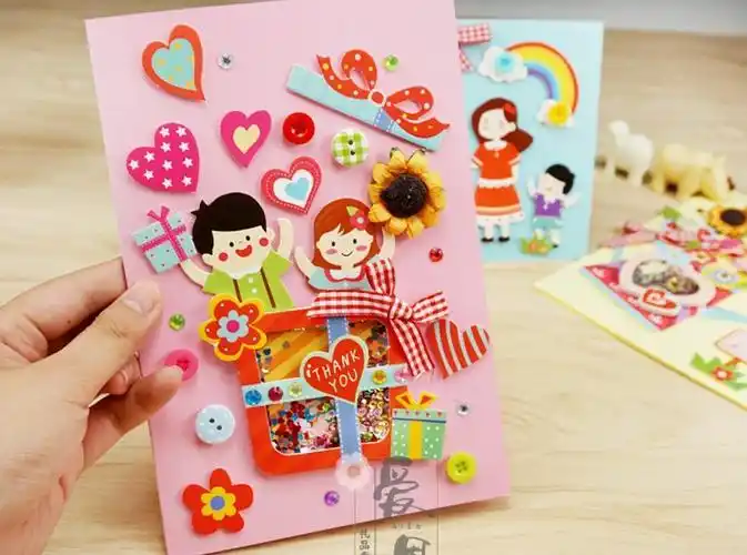 节贺卡制作diy材料包幼儿园儿童3d立体手工自制生日礼物纽扣画贺卡1套