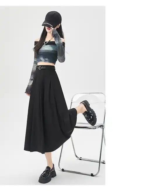 韩系中长款西装裙半身裙女装春季灰色高腰a字伞裙百褶裙长裙子 - 17网