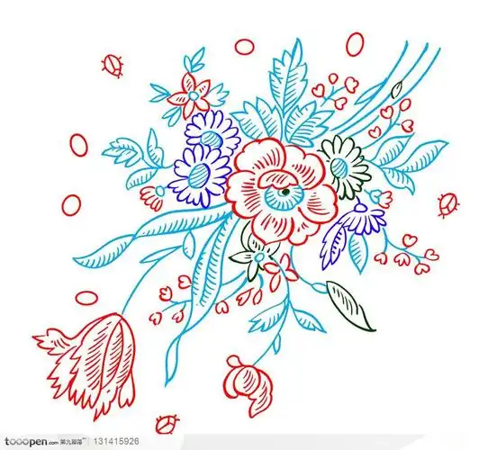 手绘花纹-彩色芙蓉花纹样