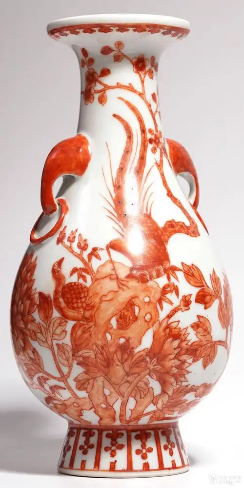 民国 矾红雉鸡牡丹双兽首衔环瓶 - 民国 - 瓷器 - 华夏收藏网