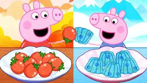 手绘定格动画:小猪佩奇一个吃红色的圣女果,一个吃蓝色果冻
