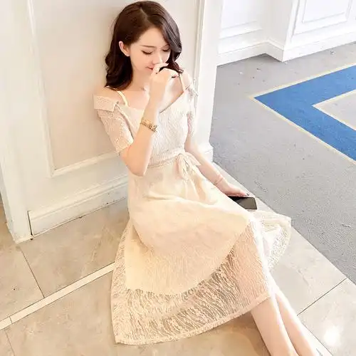 一字肩蕾丝连衣裙女夏2018新款中长款初恋温柔