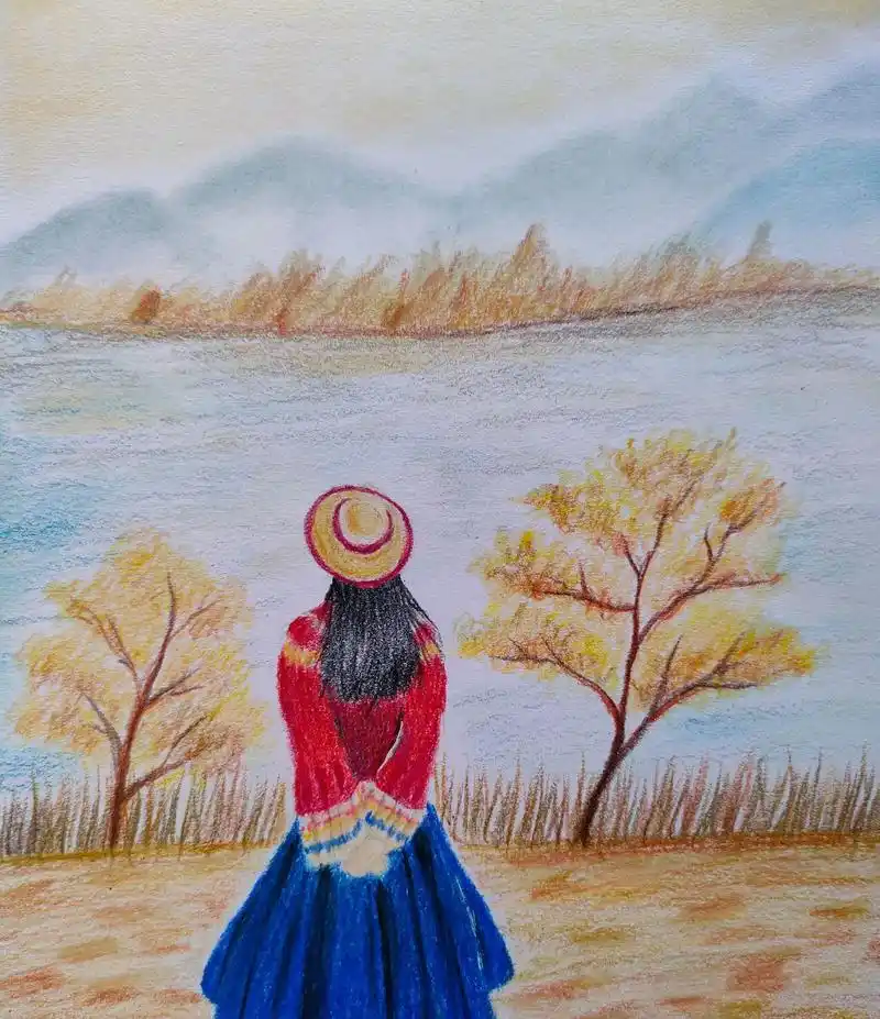 我的绘画 美女背影,美丽的风景,给大家分享一下