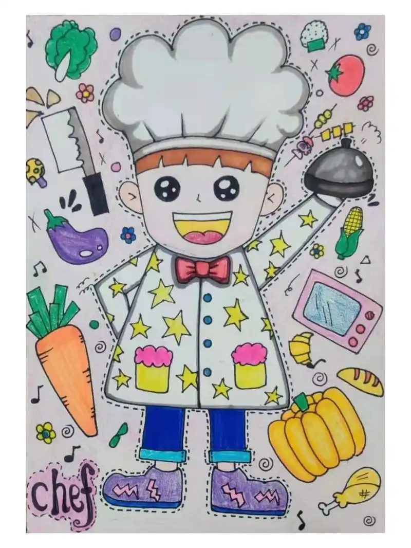 厨师创意画儿童画 《小小厨师》 1,学习小场景构图形式,表现作品 2
