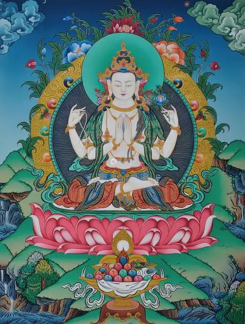 馆藏级纯手绘唐卡四臂观音