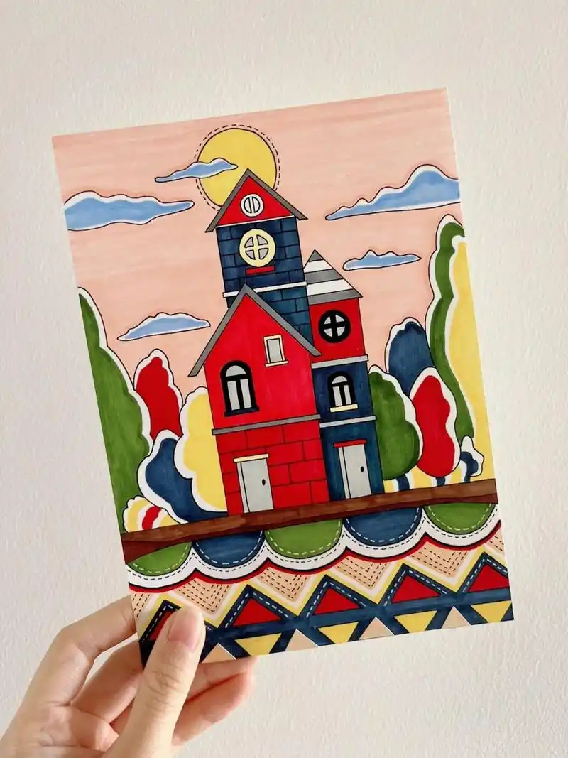 治愈系多彩童话房子 简笔画(附线稿)|马克笔 临摹 作品