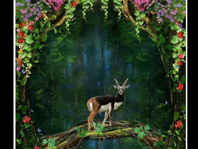 3d梦幻森林王国梅花鹿立体玄关背景墙