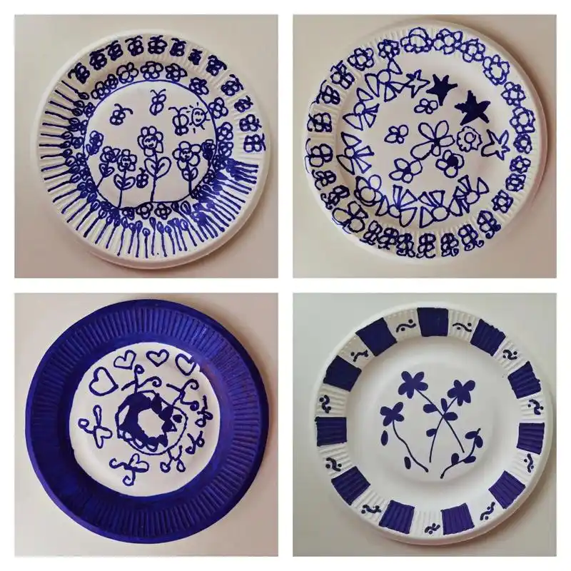 幼儿版纸盘青花瓷 幼儿园环创 纸盘画青花瓷 幼儿主题画 童真童趣