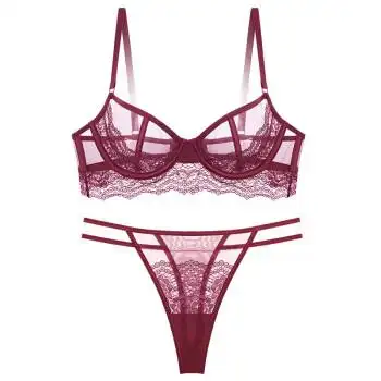 少女美屋超薄内衣蕾丝性感文胸套装透气透明奶罩 99903 酒红色 32c=