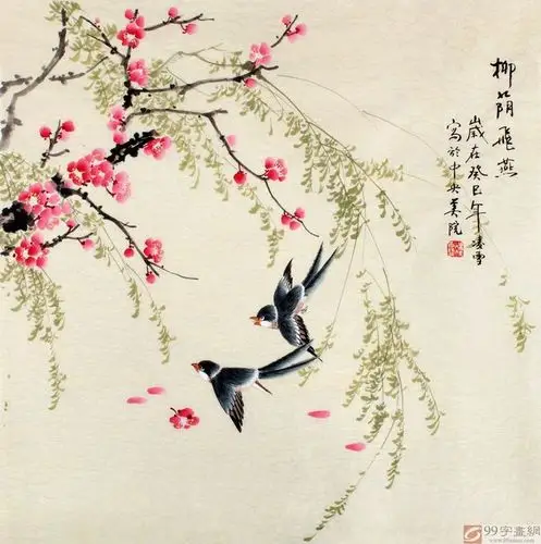 北京美协凌雪四尺斗方花鸟画《柳荫飞燕》 - 花鸟画 - 99字画网