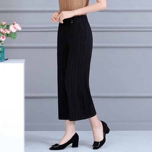 中年妈妈阔腿裤春秋季新品女裤九分中老年高腰松紧弹力宽松休闲裤