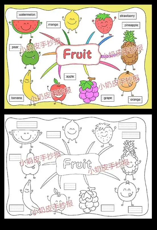 英语水果思维导图模板人教三年级上册第五单元手抄报电子版线稿# - 抖