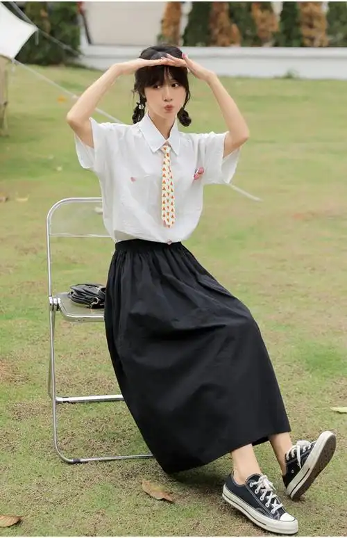 初中高中大学生少女装洋气时尚套装少女夏季新款学院风短袖衬衣高腰