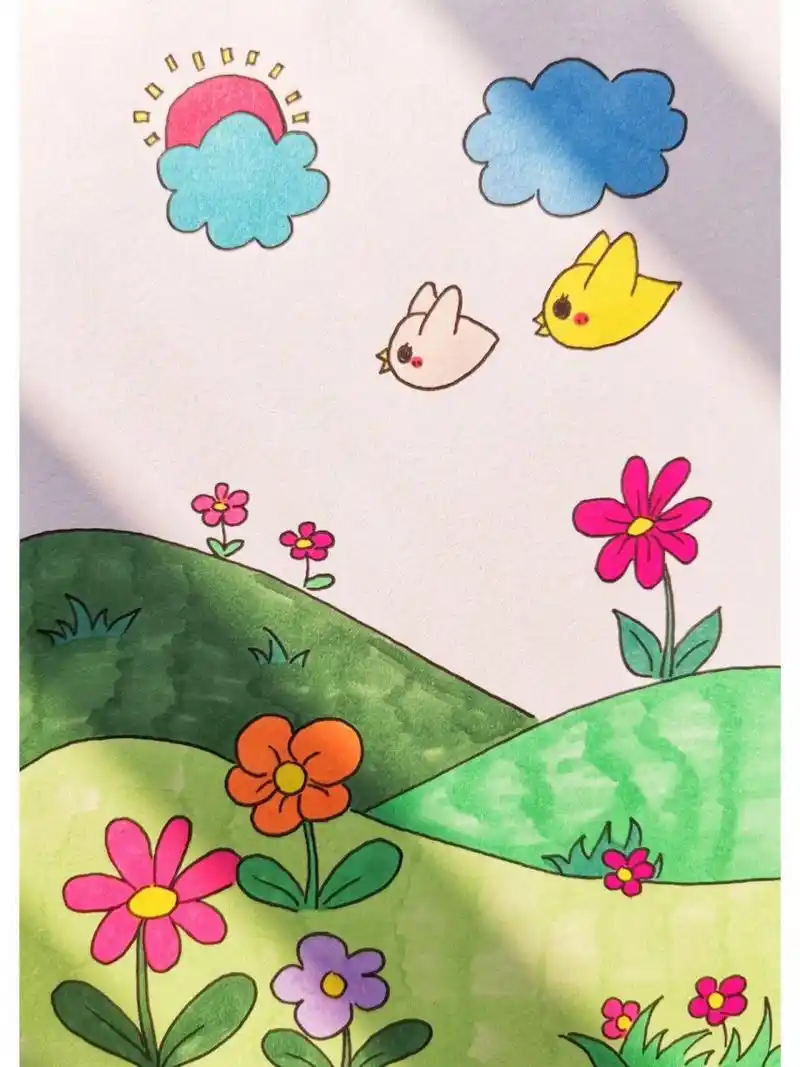 第9天 幼儿园小朋友春天主题画 简笔画 材料或工具:勾线笔,马克笔