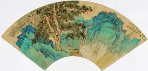 002 现代 青绿山水 雅士泛舟 扇面