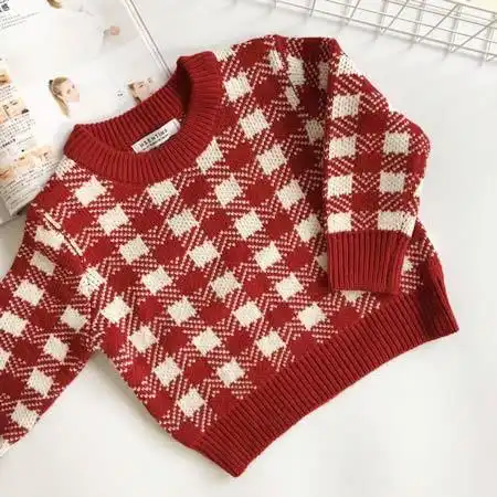 hsenting 独家定制 双色 小童 加厚双层提花格子长袖套头毛衣