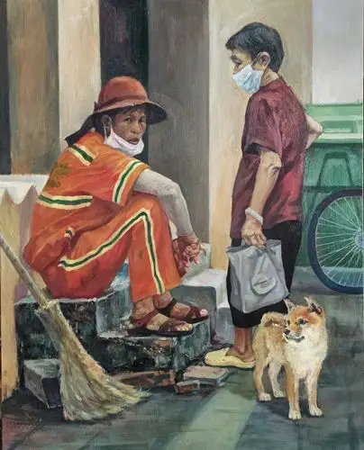 绘画作品所描绘的是骑楼街道一角,环卫工人与老奶奶交谈的场景,天还