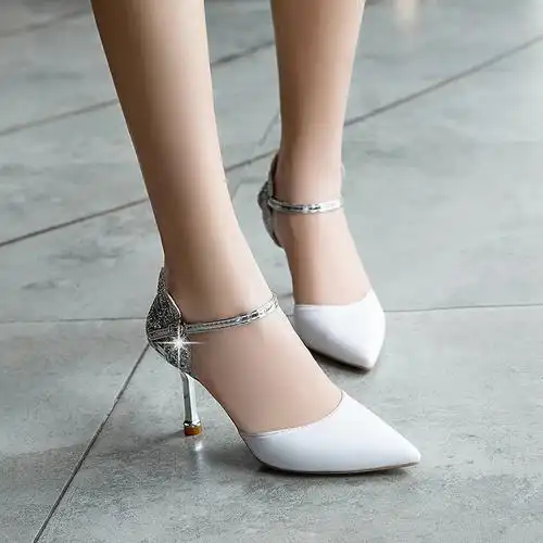 晨品凉鞋女ins潮2019新款尖头浅口高跟鞋细跟仙女风白色水钻单鞋