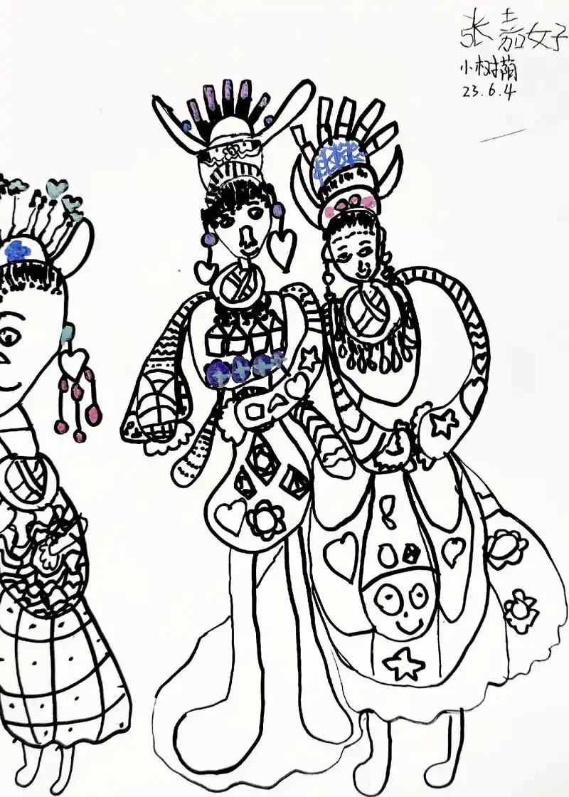 苗族姑娘5-6岁.最后一张宝妈画的也非常棒哦#画画 #线描# - 抖音