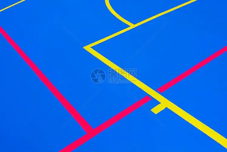 设计一个运动场用蓝色背景和红黄白线绘制奇怪的直和曲与复制空间一起