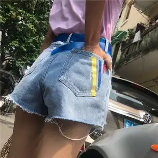 夏装2018新款韩版网红同款牛仔裤高腰后印花原宿风短裤 透明皮带
