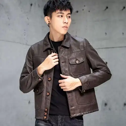 外套短款 翻领修身 皮夹克男潮 韩版 复古新款 高端进口真水洗皮衣男