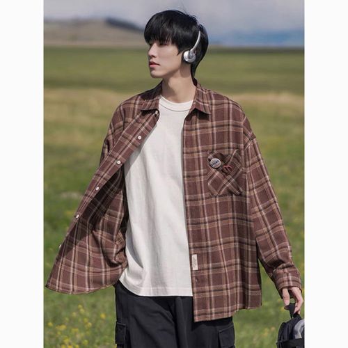 日系格子衬衫男春秋新款复古休闲长袖衬衣薄外套潮流帅气百搭男款