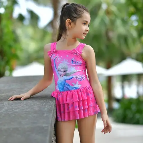 迪士尼女童冰雪奇缘泳衣女童连体游泳衣中大童泳装小女孩泳裙