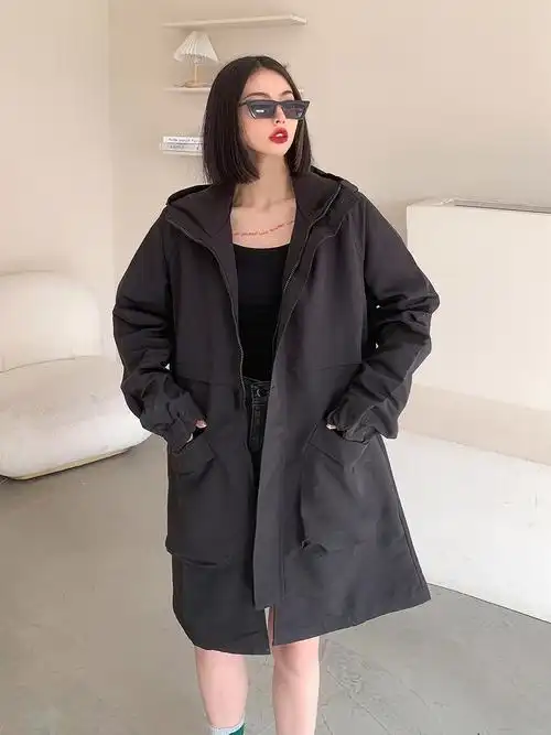 李琳家大码 胸118-134 新款大口袋拉链连帽风衣外套760#0412/0817