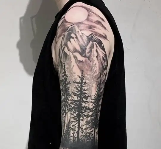 树林花臂遮盖纹身图片手臂欧美写实点刺纹身图案