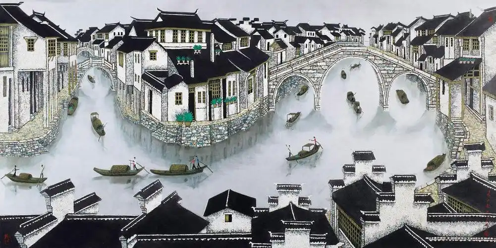 乔十光 江南水乡 漆画