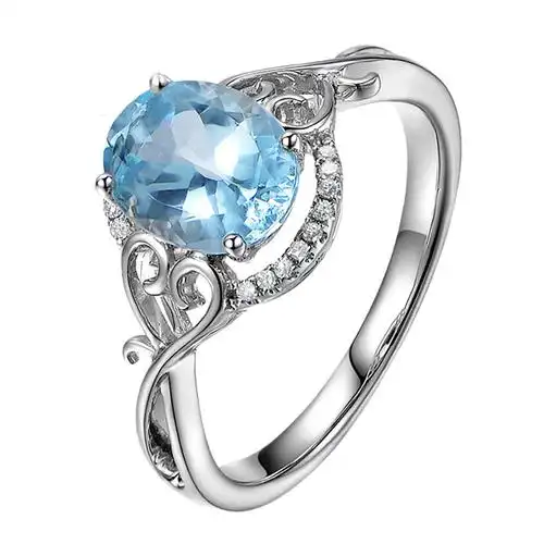 亚马逊饰品天然海蓝宝戒指 镀白金镶嵌钻石 彩色蓝宝石指环直销