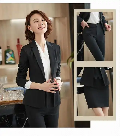 高端小西装女免烫长袖套装女教师银行酒店工作服职业装黑色西服外套女