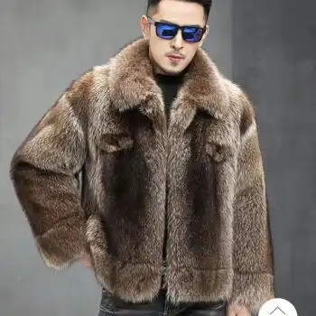 卡帝乐鳄鱼海宁进口进口貉皮毛一体男款貂皮大衣短款毛年轻时尚皮草