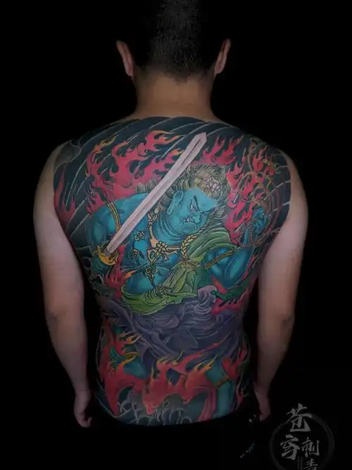 满背不动明王完工_纹身图案手稿图片_sky刺青团队工作室的纹身作品集
